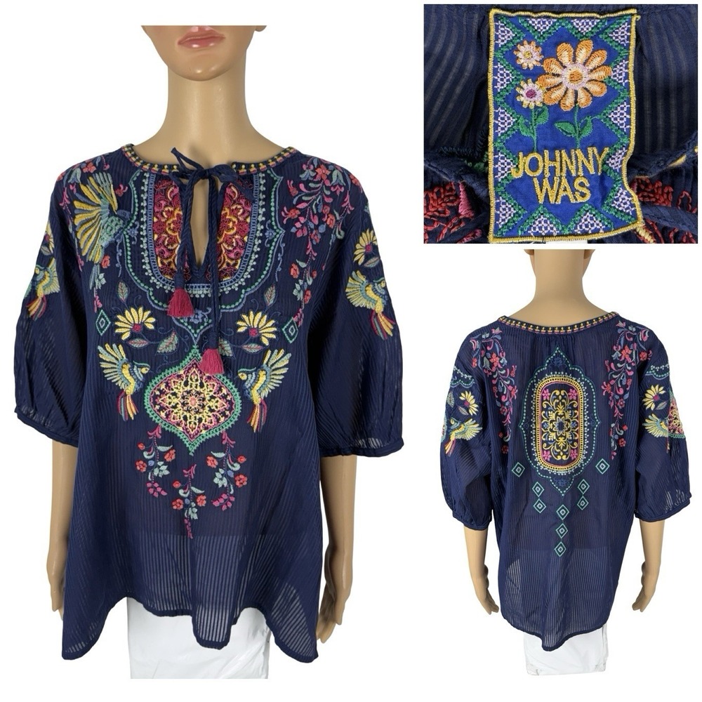 Johnny Was Womens XL Margot Short Sleeve Blouse Blue Night NWT Cotton Silk $298